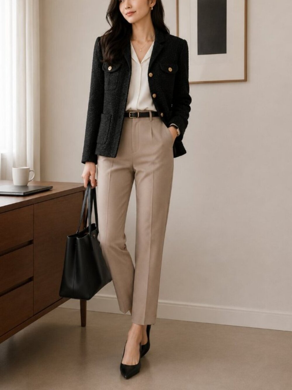St. John button front knit blazer/ tweed cardigan black women's size L